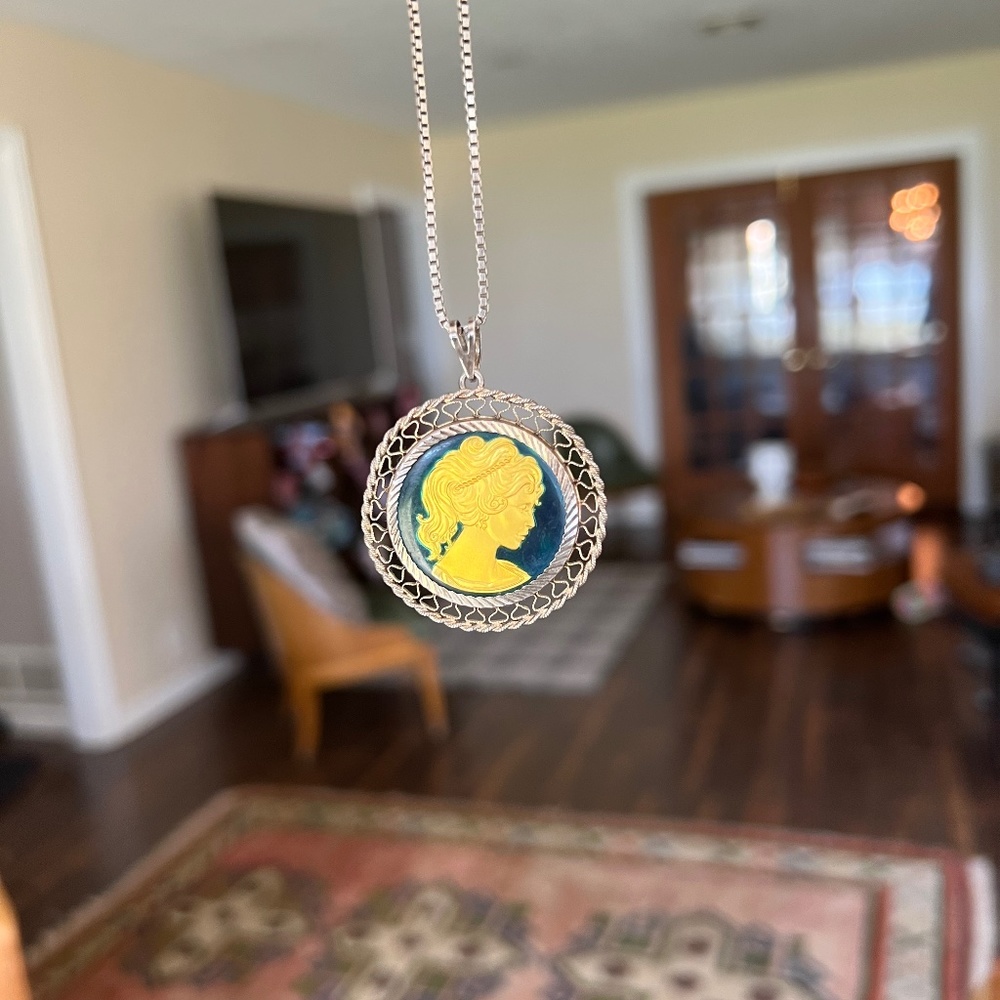 Italian Antique Sterling silver-enamel cameo necklace